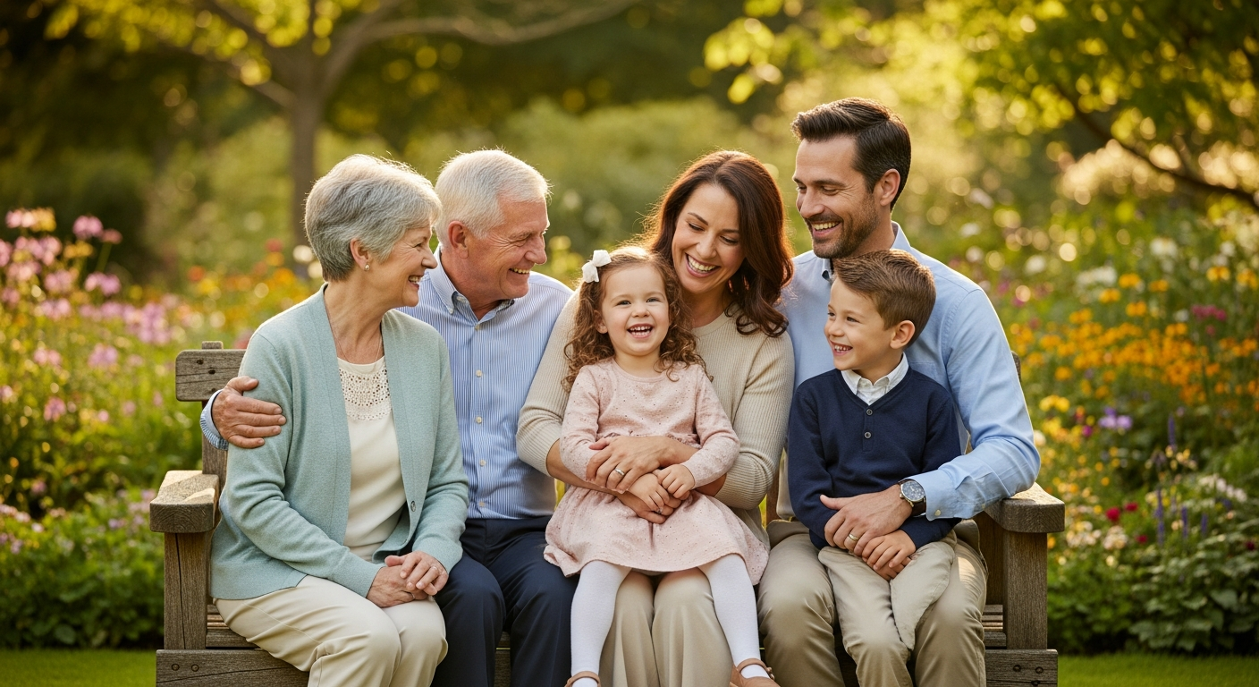 Happy family in a garden, representing peace of mind and secure future